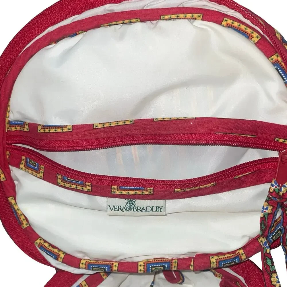 Vera Bradley Round Train Case Villa Red Quilted Cotton Makeup Cosmetic Bag VTG
